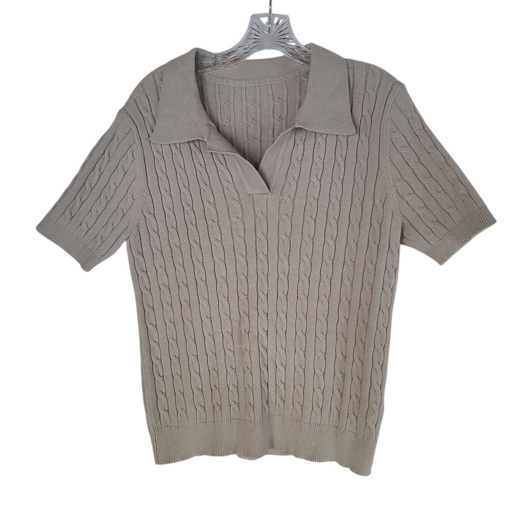 Women's V-Neck Grey Cable Knit Sweater - Short Sleeve Soft Pullover XL